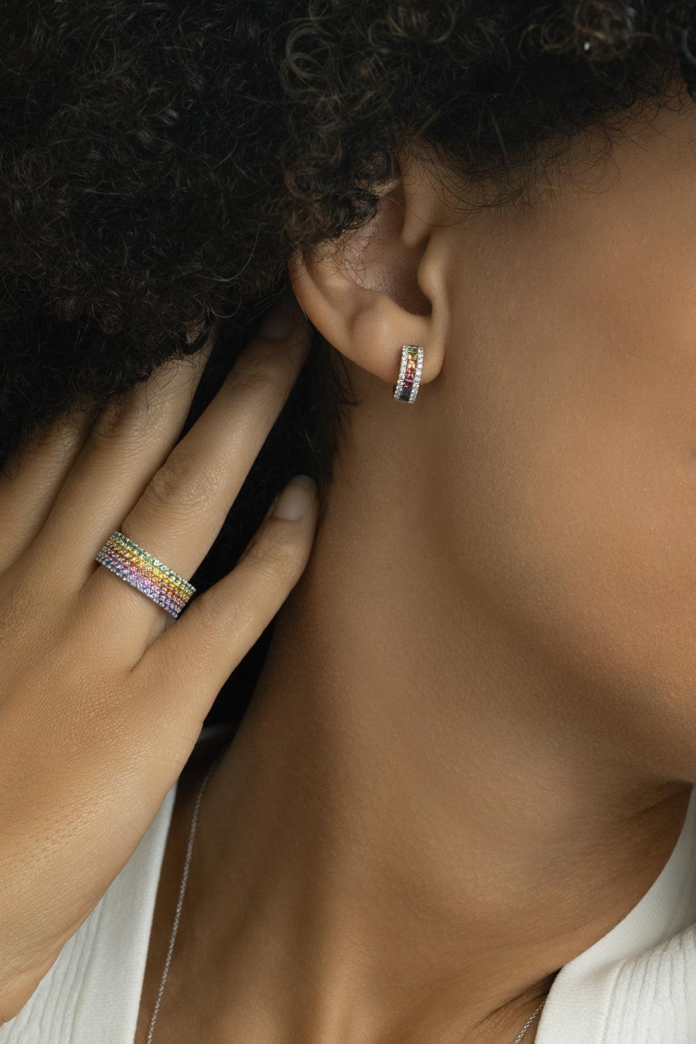 Rainbow Sapphire Diamond Hinge Hoop Earrings-WHITE GOLD-JEWELRYFINE JEWELEARRING-LISA NIK
