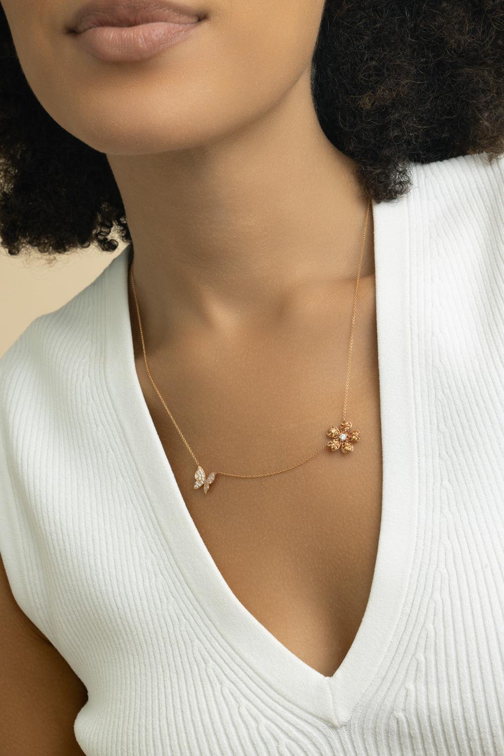 Orange Sapphire Flower Butterfly Necklace-ROSE GOLD-JEWELRYFINE JEWELNECKLACE O-LISA NIK