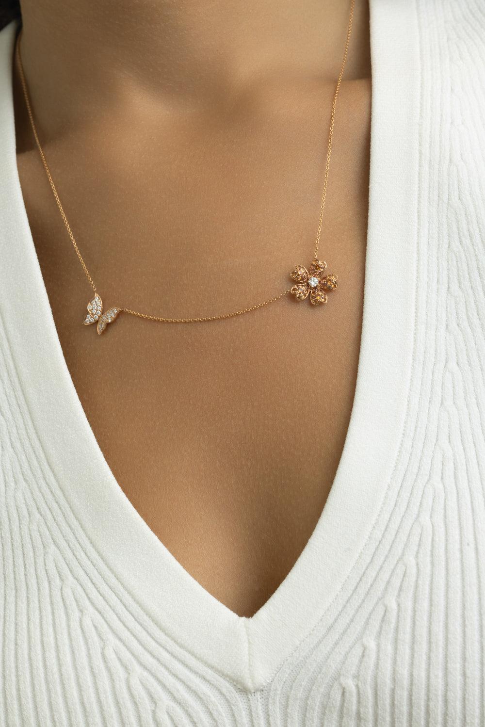 Orange Sapphire Flower Butterfly Necklace-ROSE GOLD-JEWELRYFINE JEWELNECKLACE O-LISA NIK