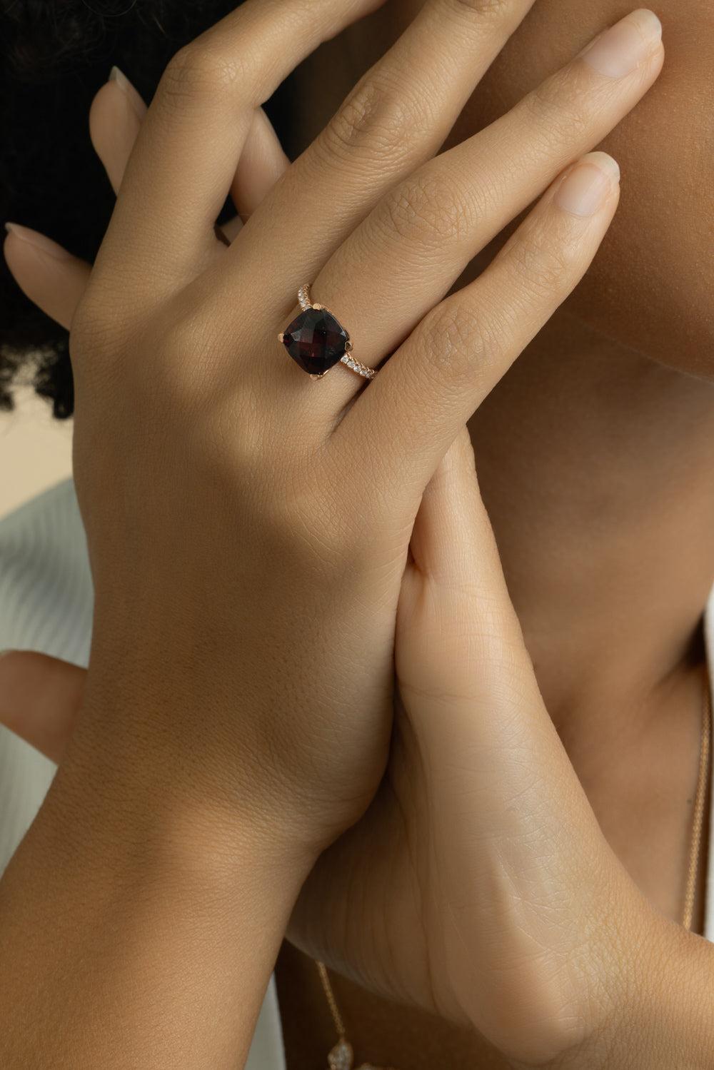 Garnet Diamond Cushion Ring-ROSE GOLD-5.75-JEWELRYFINE JEWELRING-LISA NIK