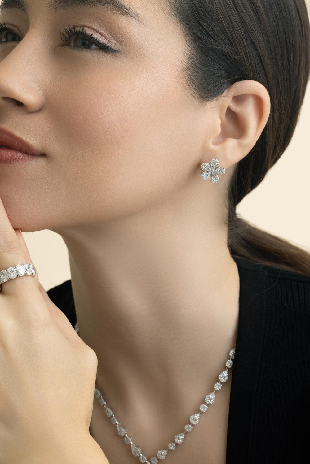 Diamond Flower Stud Earrings-WHITE GOLD-JEWELRYFINE JEWELEARRING-ZYDO