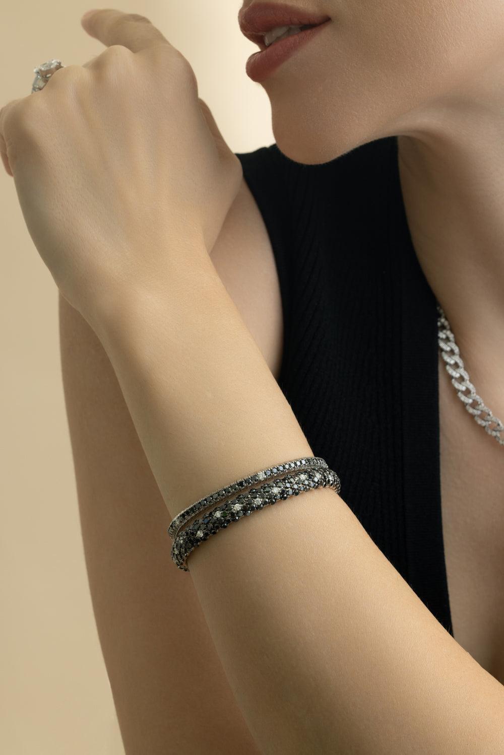 Black White Diamond Stretch Bracelet-WHITE GOLD-JEWELRYFINE JEWELBRACELET O-ZYDO