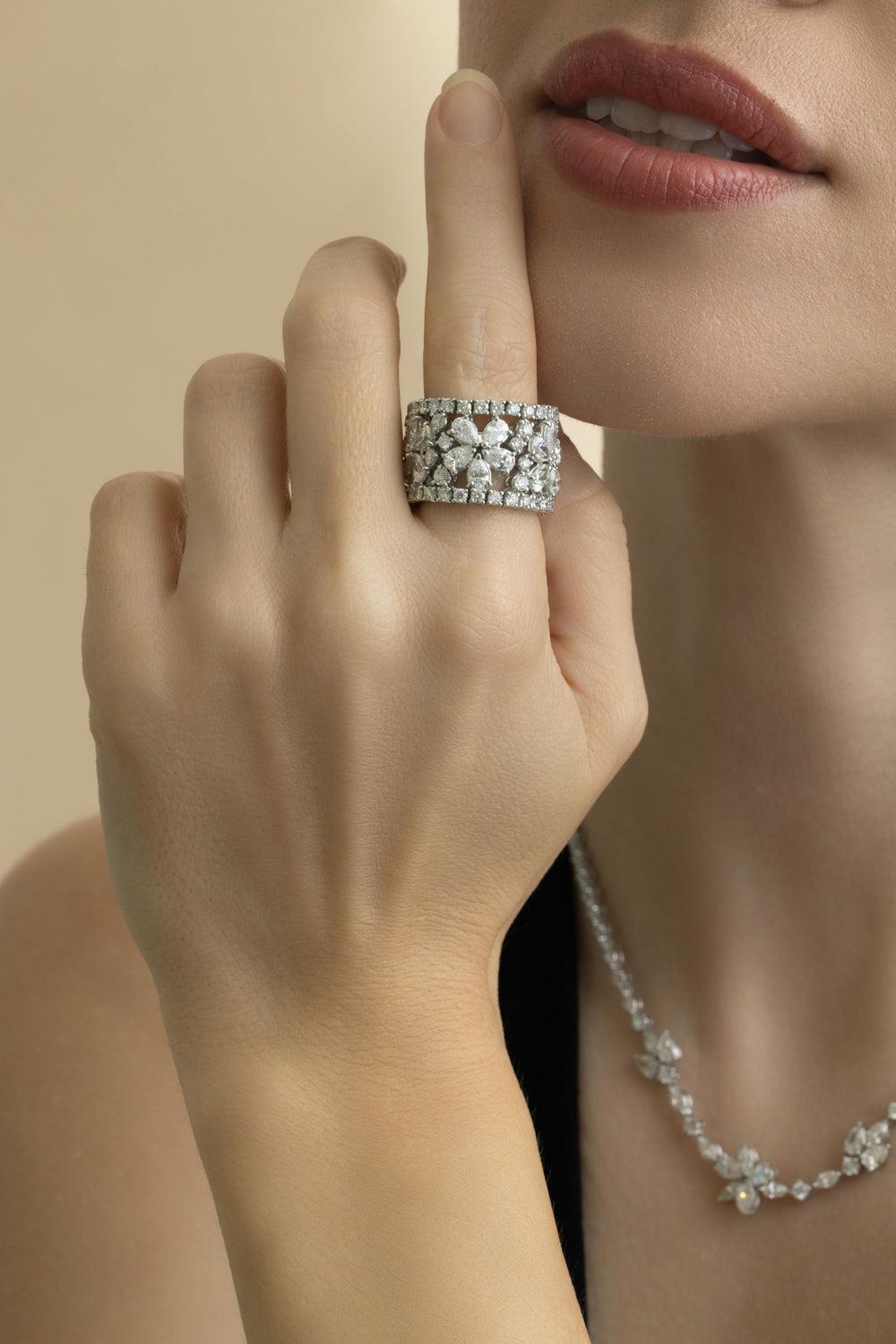 Diamond Wide Flower Ring-WHITE GOLD-6.5-JEWELRYFINE JEWELRING-ZYDO