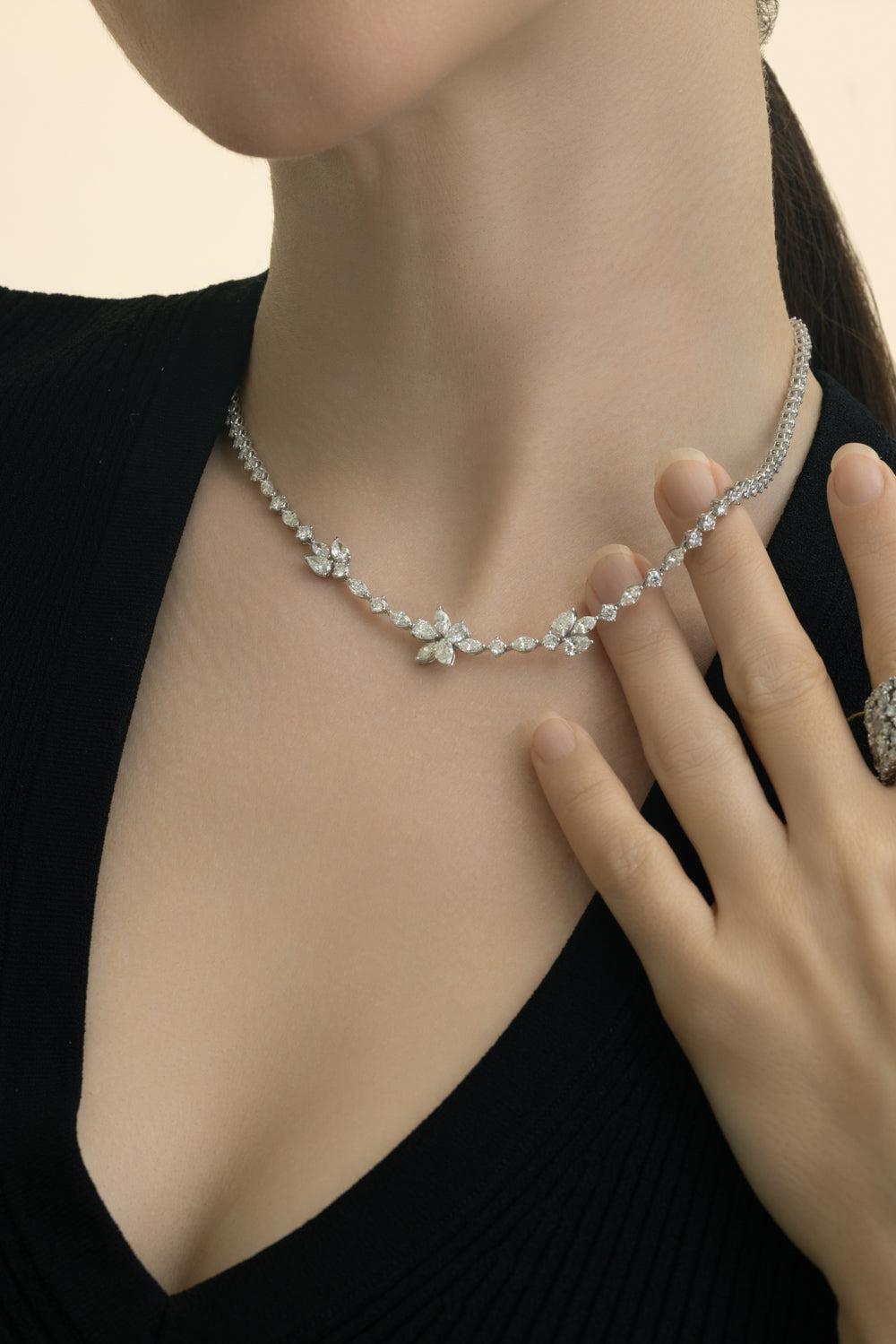 All Diamond Three Cluster Necklace-WHITE GOLD-JEWELRYFINE JEWELNECKLACE O-ZYDO