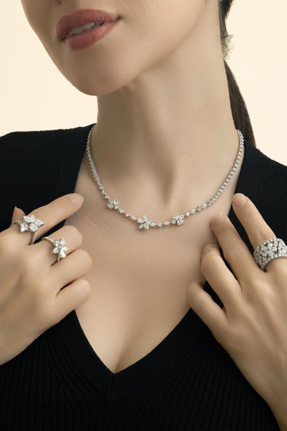 All Diamond Three Cluster Necklace-WHITE GOLD-JEWELRYFINE JEWELNECKLACE O-ZYDO