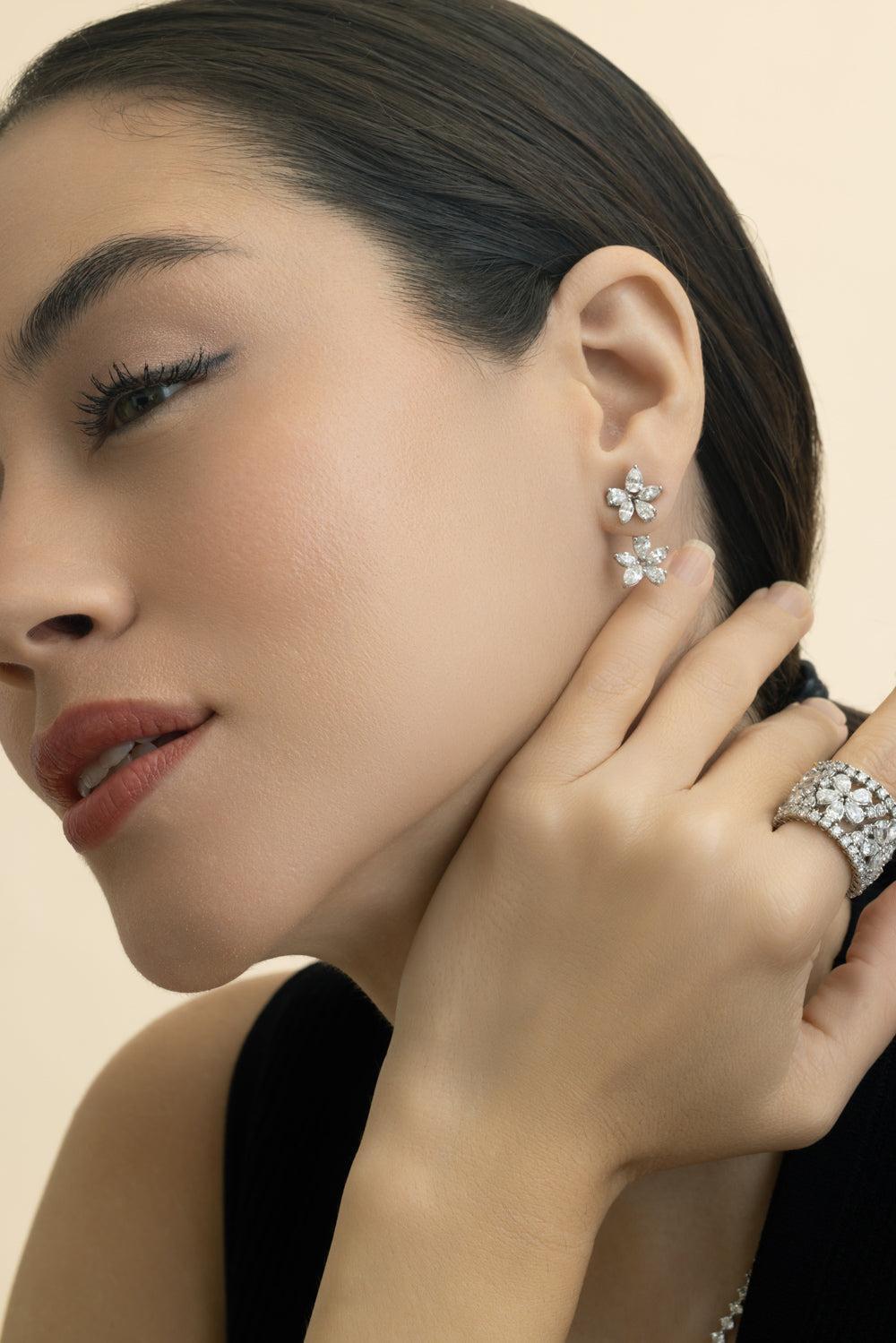 Up And Down Double Flower Earrings-WHITE GOLD-JEWELRYFINE JEWELEARRING-ZYDO
