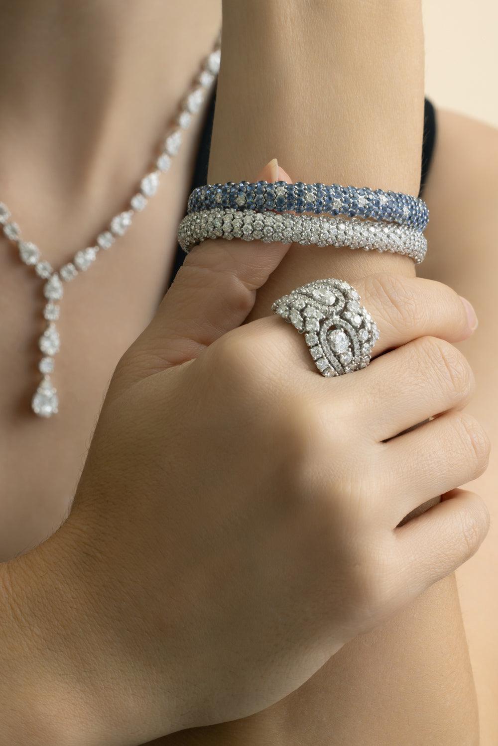 Blue Sapphire Diamond Dome Stretch Bracelet-WHITE GOLD-JEWELRYFINE JEWELBRACELET O-ZYDO