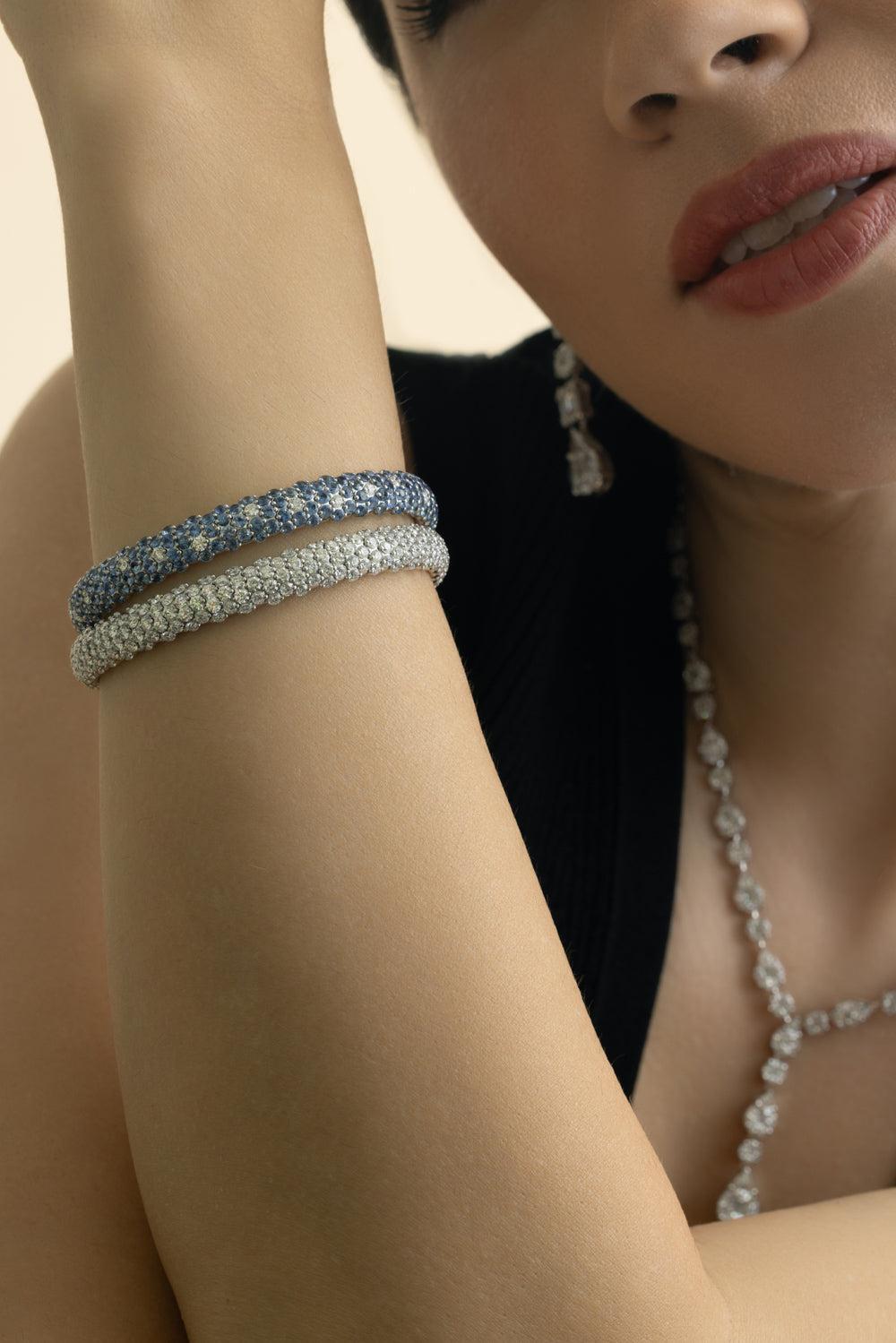 Blue Sapphire Diamond Dome Stretch Bracelet-WHITE GOLD-JEWELRYFINE JEWELBRACELET O-ZYDO