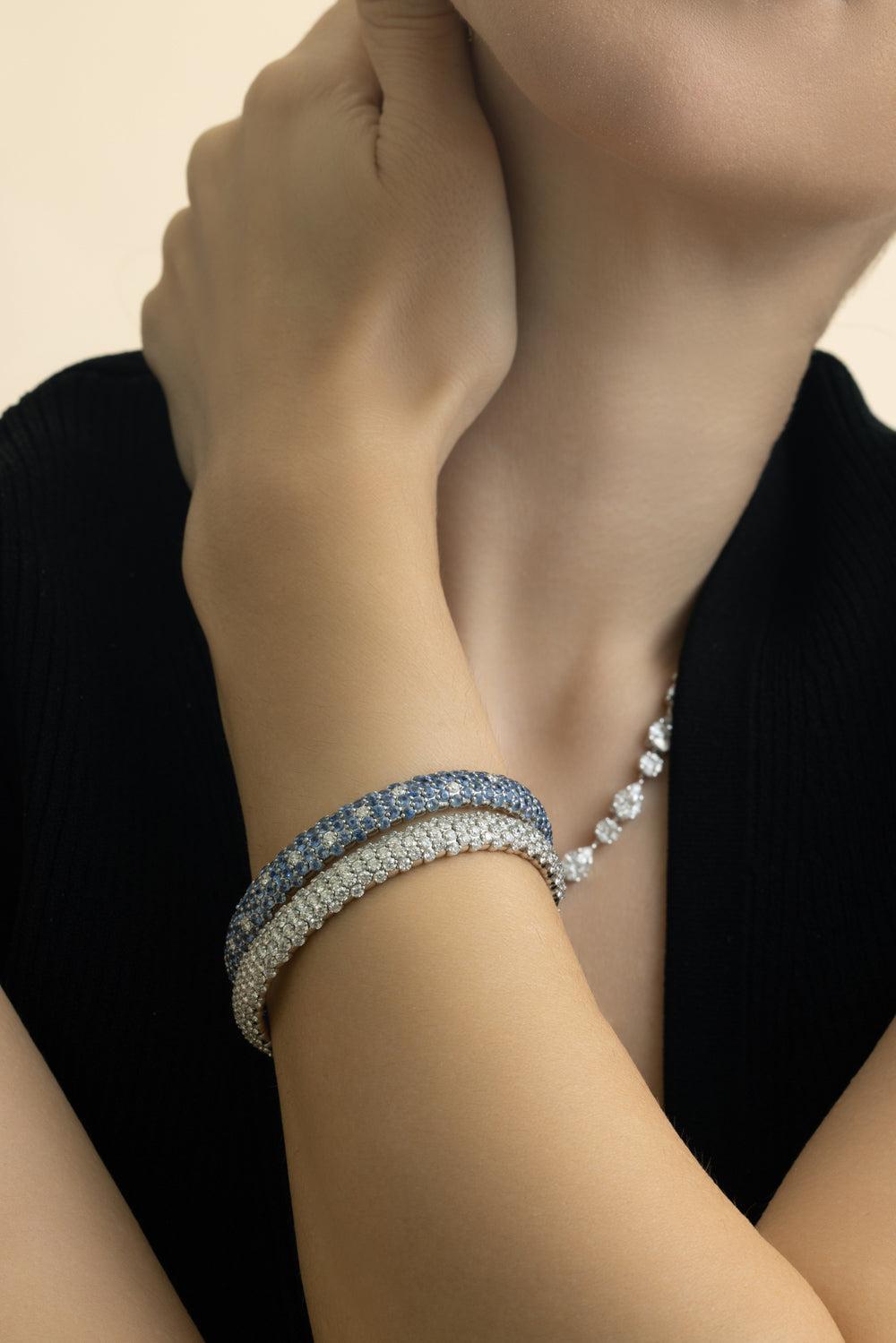 Blue Sapphire Diamond Dome Stretch Bracelet-WHITE GOLD-JEWELRYFINE JEWELBRACELET O-ZYDO