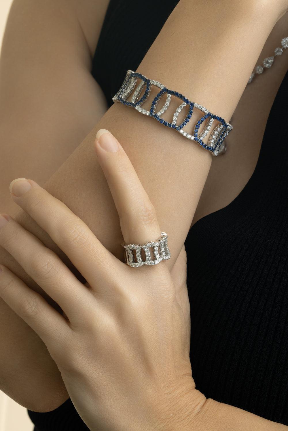Blue Sapphire Diamond Overlap Stretch Bracelet-WHITE GOLD-JEWELRYFINE JEWELBRACELET O-ZYDO