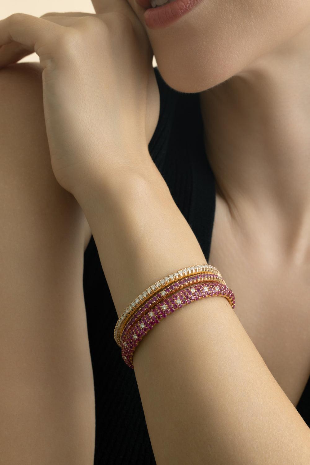 1 Row Pink Sapphire Diamond Stretch Bracelet-ROSE GOLD-JEWELRYFINE JEWELBRACELET O-ZYDO