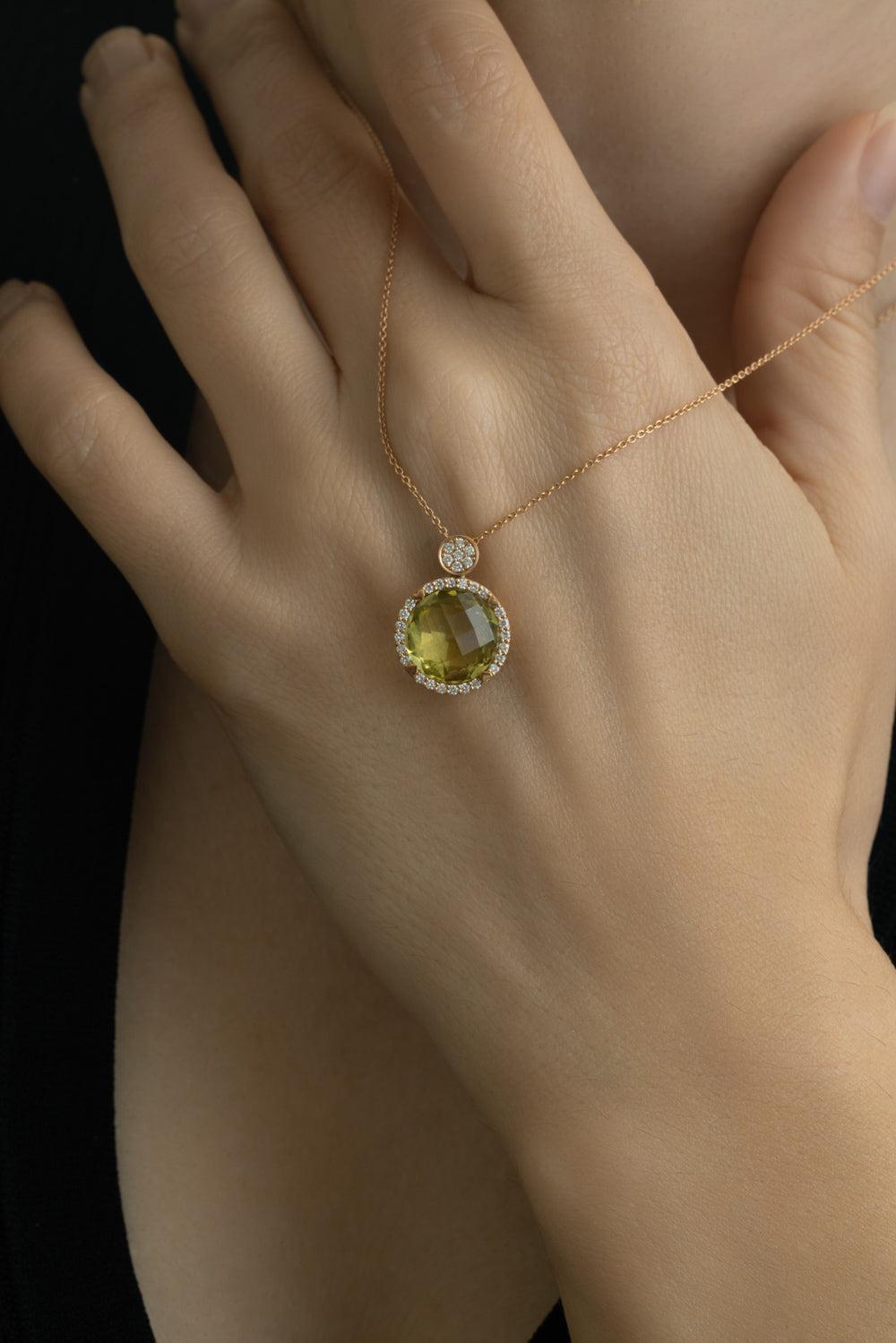 Lemon Quartz Diamond Round Necklace-YELLOW GOLD-JEWELRYFINE JEWELNECKLACE O-LISA NIK