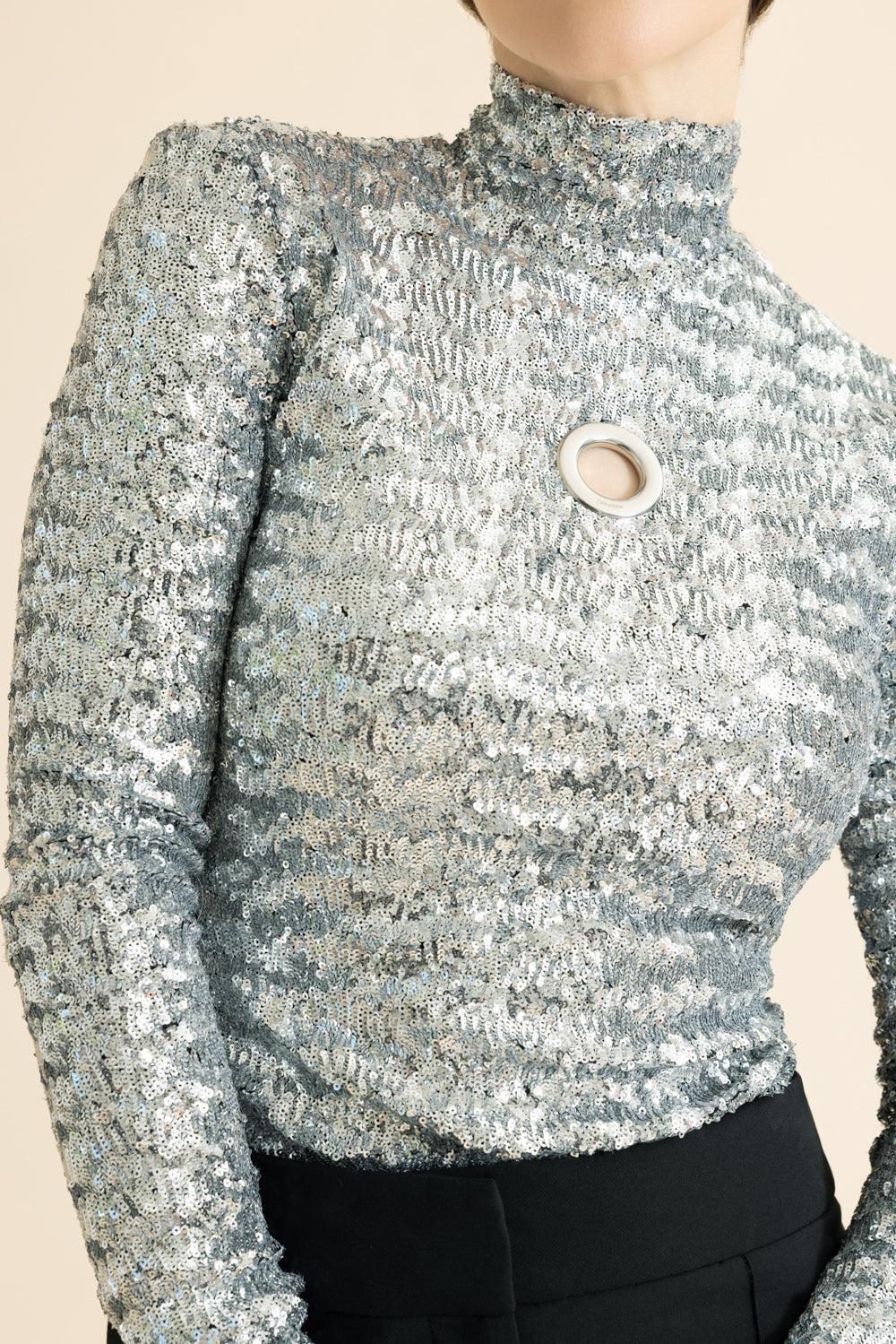 Sequin Stretch Turtle-Neck Pullover-SILVER-36-CLOTHINGTOPKNITS-RABANNE