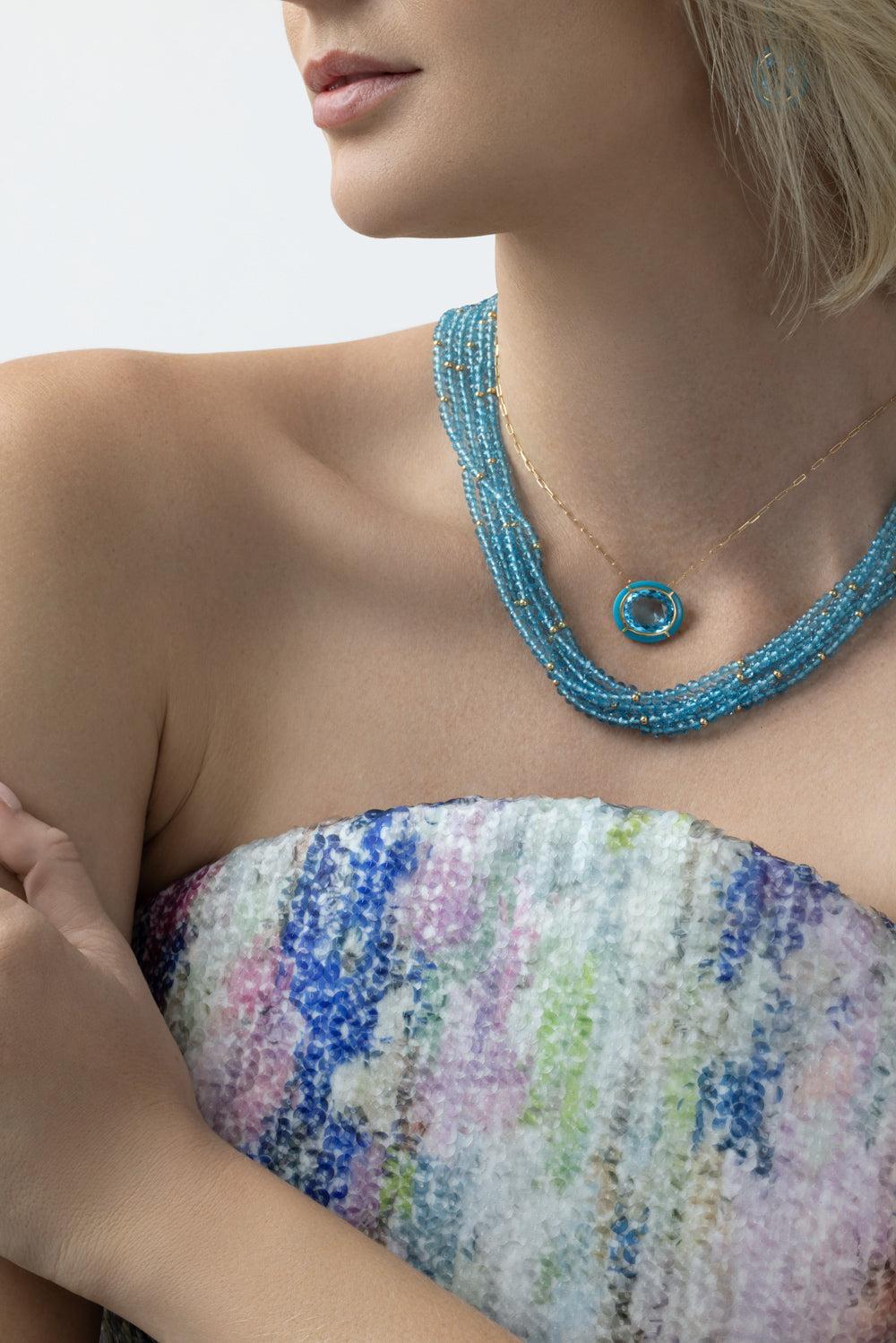  Turquoise Blue Topaz Oval Melange Pendant-YELLOW GOLD-16-JEWELRYFINE JEWELNECKLACE O-GOSHWARA 