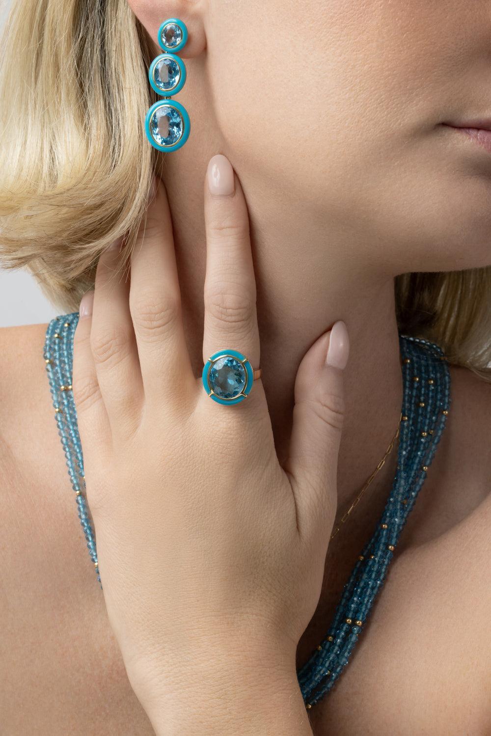 Turqouise Blue Topaz Oval Melange Ring-YELLOW GOLD-7-JEWELRYFINE JEWELRING-GOSHWARA