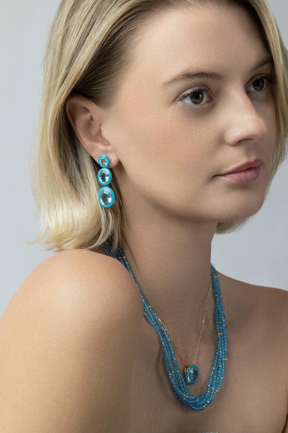 Turquoise Blue Topaz Oval Three Tier Melange Earrings-YELLOW GOLD-JEWELRYFINE JEWELEARRING-GOSHWARA 