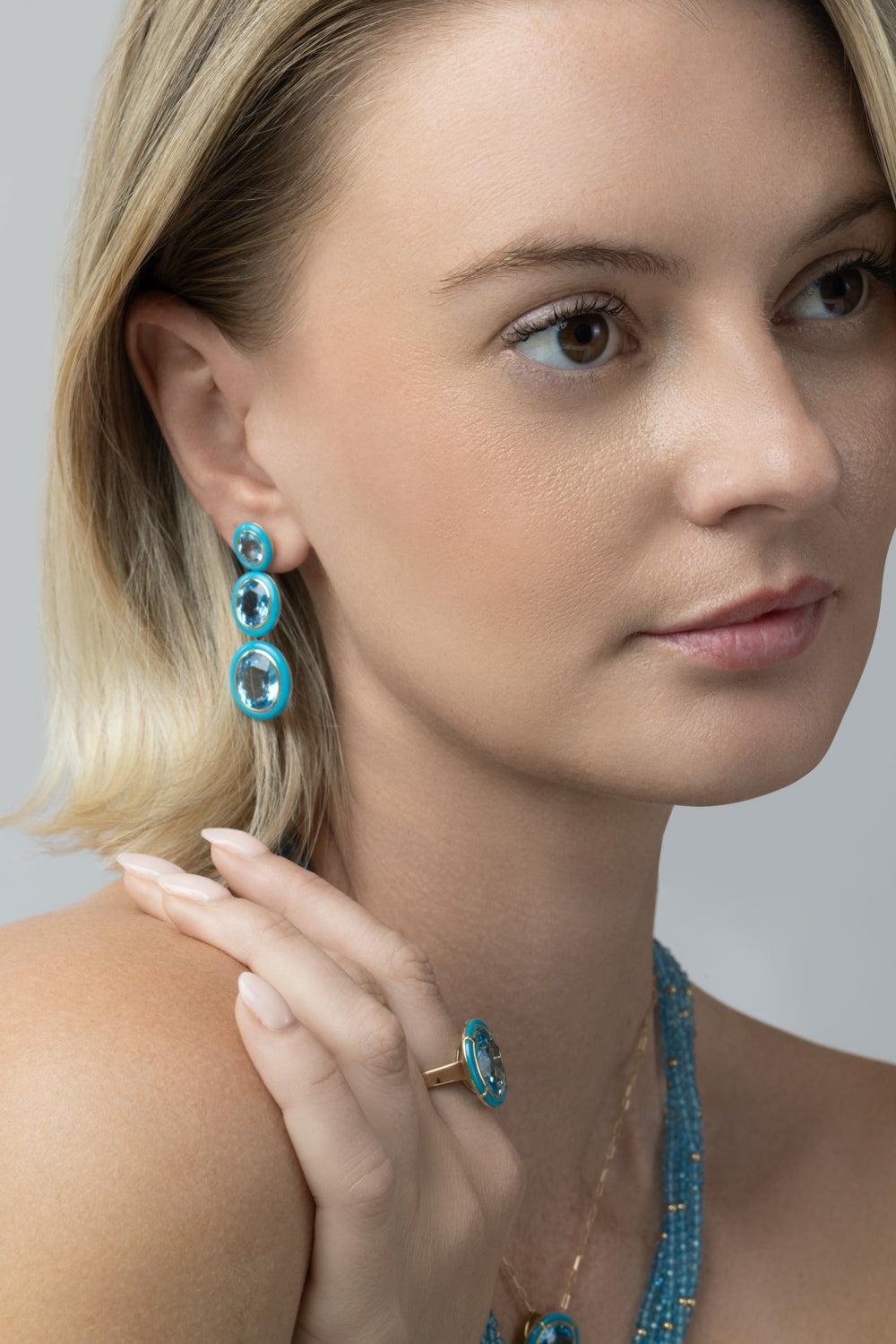  Turquoise Blue Topaz Oval Three Tier Melange Earrings-YELLOW GOLD-JEWELRYFINE JEWELEARRING-GOSHWARA 