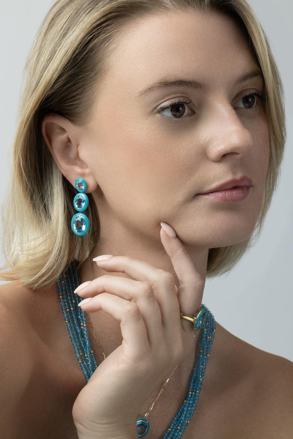 Turquoise Blue Topaz Oval Three Tier Melange Earrings-YELLOW GOLD-JEWELRYFINE JEWELEARRING-GOSHWARA