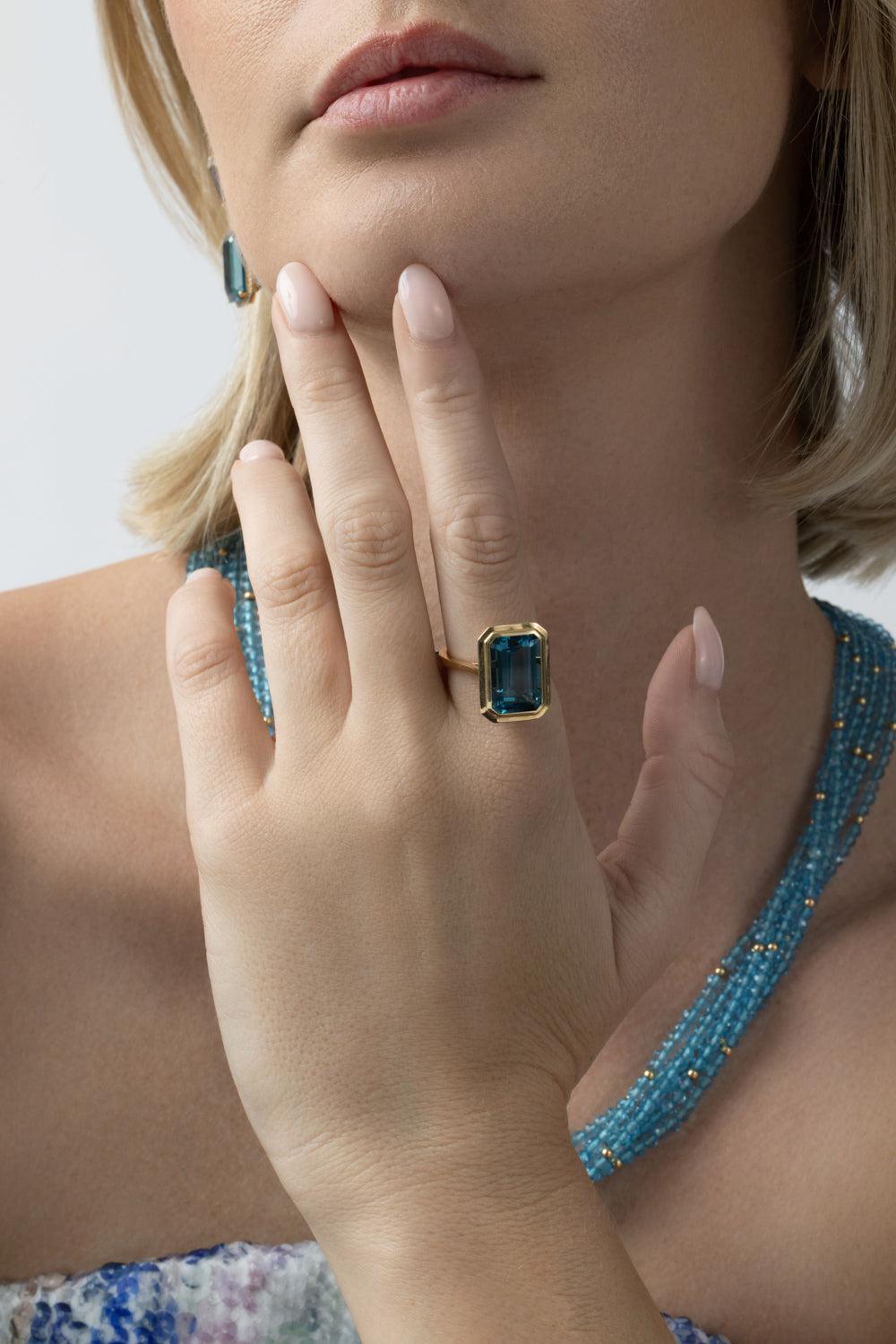 London Blue Topaz Bezel Manhattan Ring-YELLOW GOLD-7-JEWELRYFINE JEWELRING-GOSHWARA
