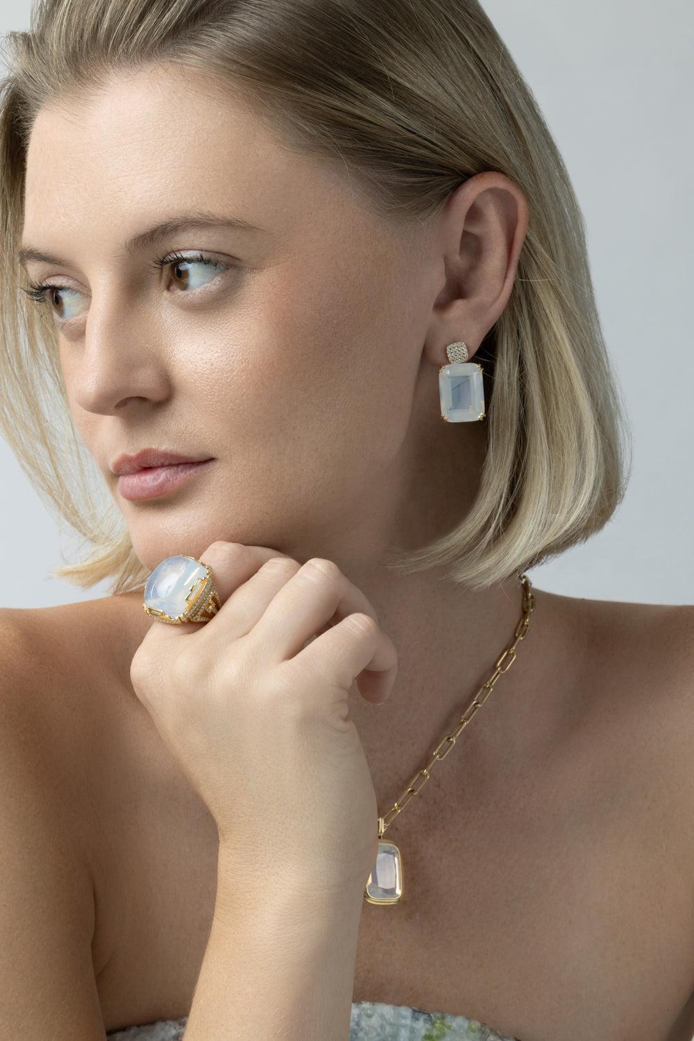Diamond Moon Quartz Cushion Gossip Earrings-YELLOW GOLD-JEWELRYFINE JEWELEARRING-GOSHWARA