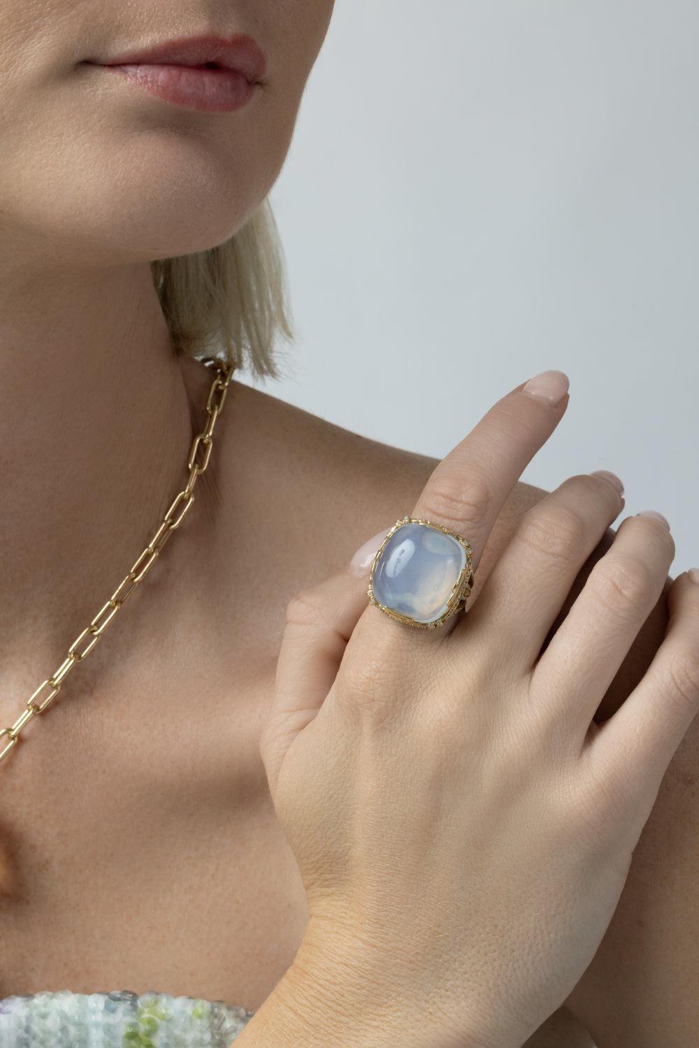 Moon Quartz Diamond Cushion Cabochon Ring-YELLOW GOLD-6.5-JEWELRYFINE JEWELRING-GOSHWARA