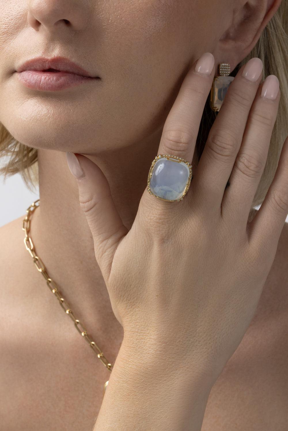 Moon Quartz Diamond Cushion Cabochon Ring-YELLOW GOLD-6.5-JEWELRYFINE JEWELRING-GOSHWARA
