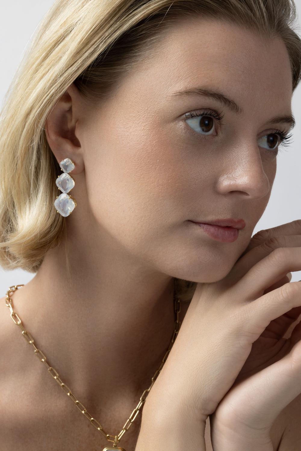  Moon Quartz Three Stone Gossip Earrings-YELLOW GOLD-JEWELRYFINE JEWELEARRING-GOSHWARA 