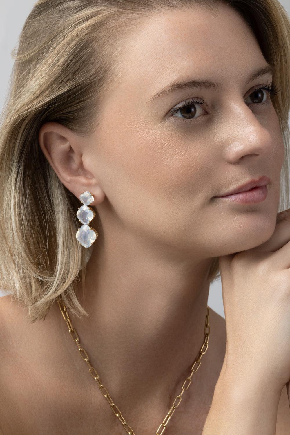 Moon Quartz Three Stone Gossip Earrings-YELLOW GOLD-JEWELRYFINE JEWELEARRING-GOSHWARA