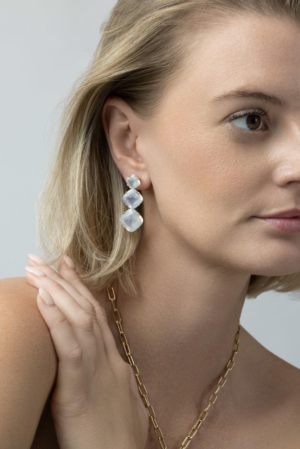  Moon Quartz Three Stone Gossip Earrings-YELLOW GOLD-JEWELRYFINE JEWELEARRING-GOSHWARA 