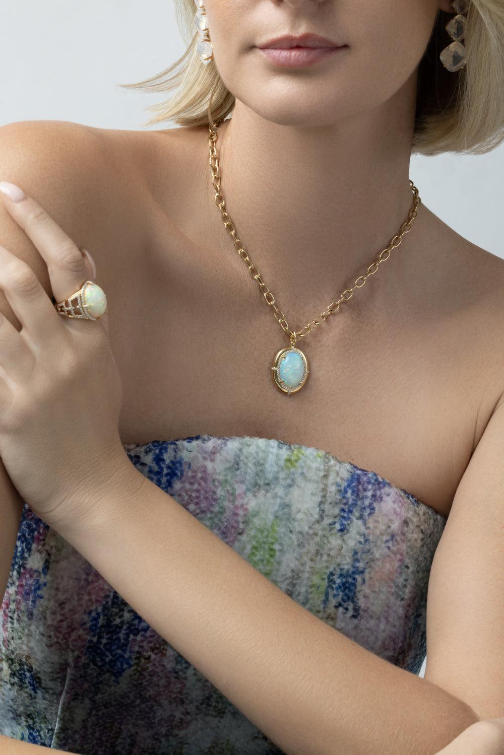  Opal Diamond Oval Medallion G-One Pendant Necklace-YELLOW GOLD-22-JEWELRYFINE JEWELNECKLACE O-GOSHWARA 