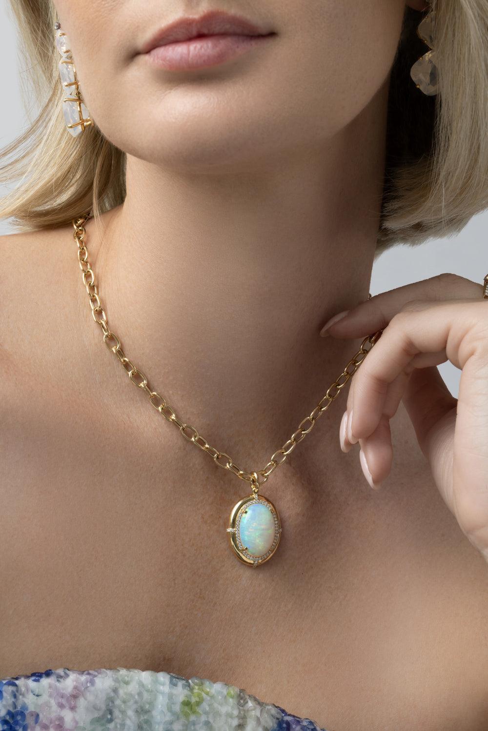 Opal Diamond Oval Medallion G-One Pendant Necklace-YELLOW GOLD-22-JEWELRYFINE JEWELNECKLACE O-GOSHWARA