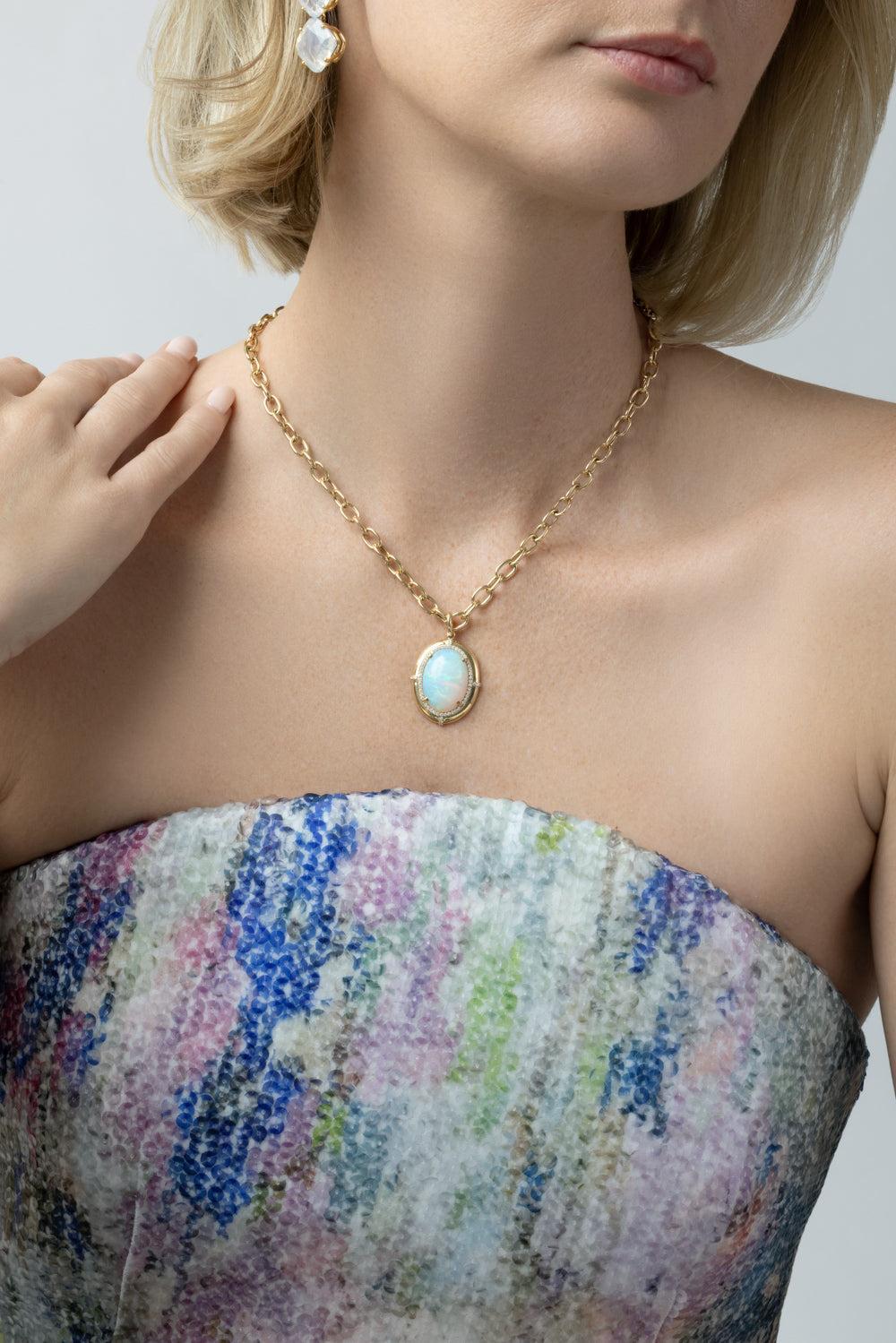  Opal Diamond Oval Medallion G-One Pendant Necklace-YELLOW GOLD-22-JEWELRYFINE JEWELNECKLACE O-GOSHWARA 