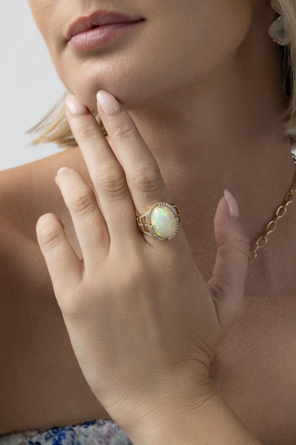 Diamond Opal Oval G-One Ring-YELLOW GOLD-7.5-JEWELRYFINE JEWELRING-GOSHWARA