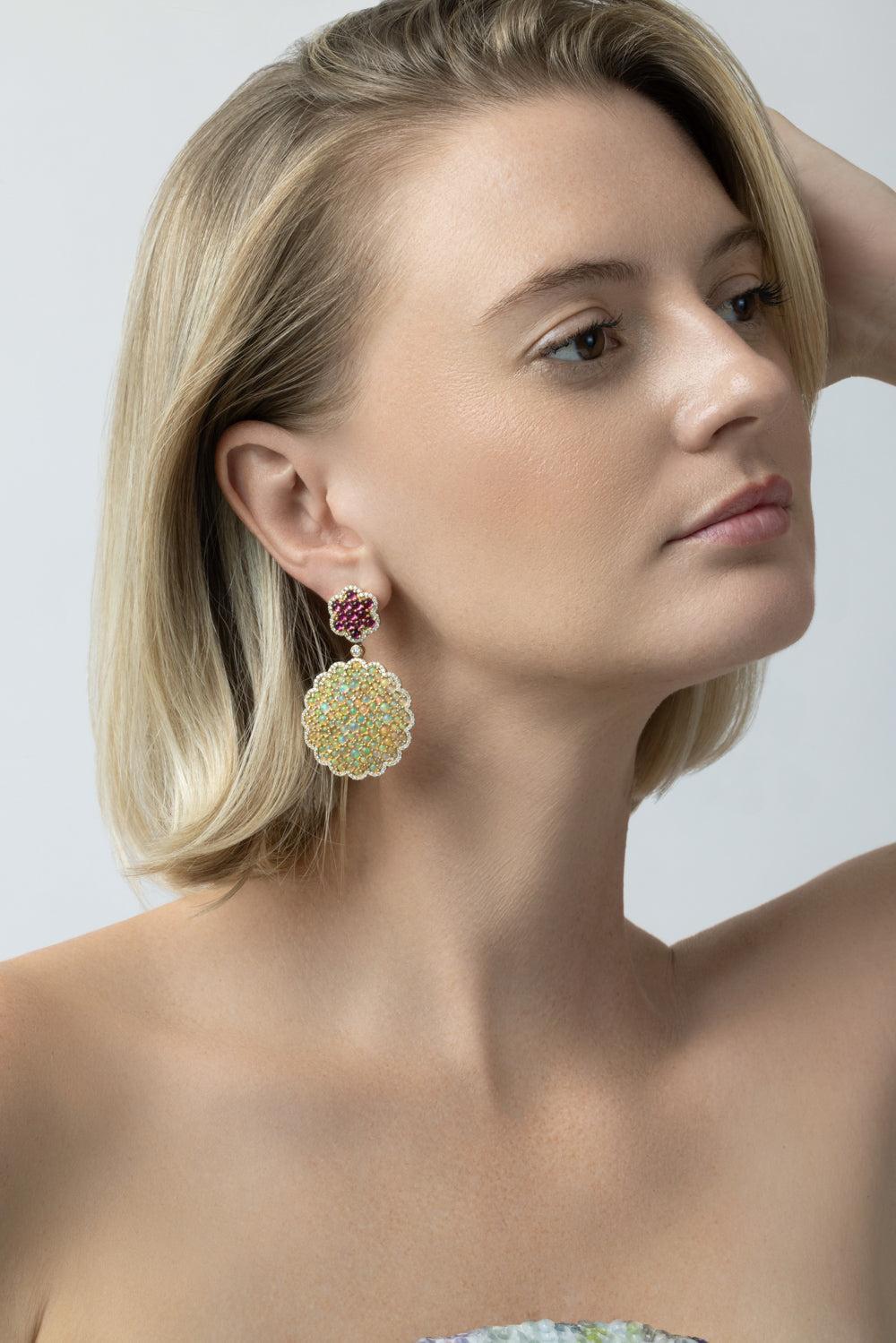 Diamond Opal Rubellite Cabochon Cluster G-One Earrings-YELLOW GOLD-JEWELRYFINE JEWELEARRING-GOSHWARA 