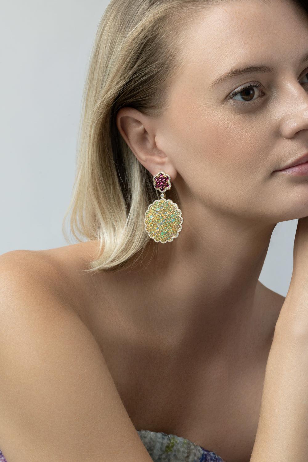 Diamond Opal Rubellite Cabochon Cluster G-One Earrings-YELLOW GOLD-JEWELRYFINE JEWELEARRING-GOSHWARA