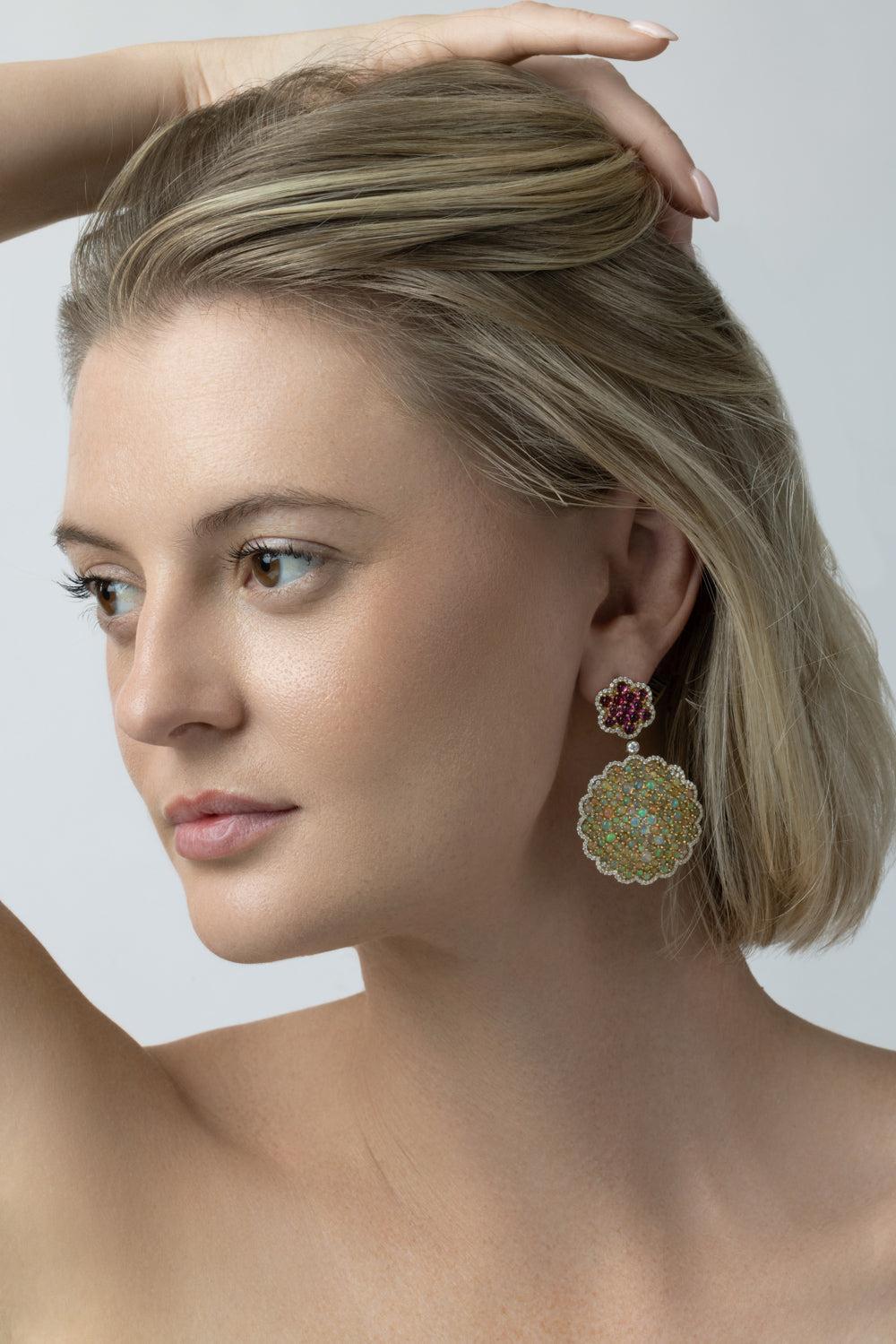  Diamond Opal Rubellite Cabochon Cluster G-One Earrings-YELLOW GOLD-JEWELRYFINE JEWELEARRING-GOSHWARA 