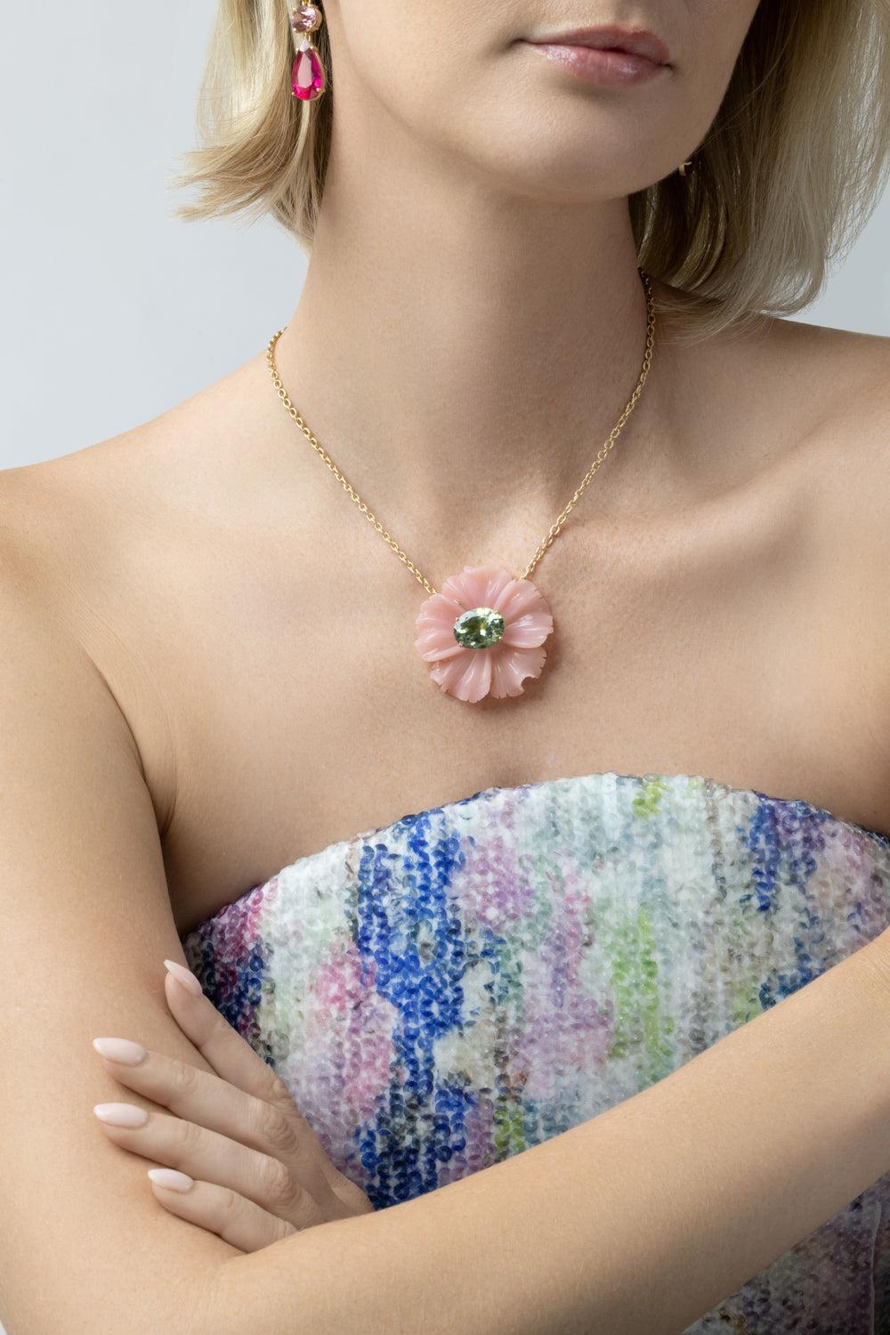  Pink Opal Green Tourmaline Tropical Flower Necklace-YELLOW GOLD-16-JEWELRYFINE JEWELNECKLACE O-IRENE NEUWIRTH JEWELRY 