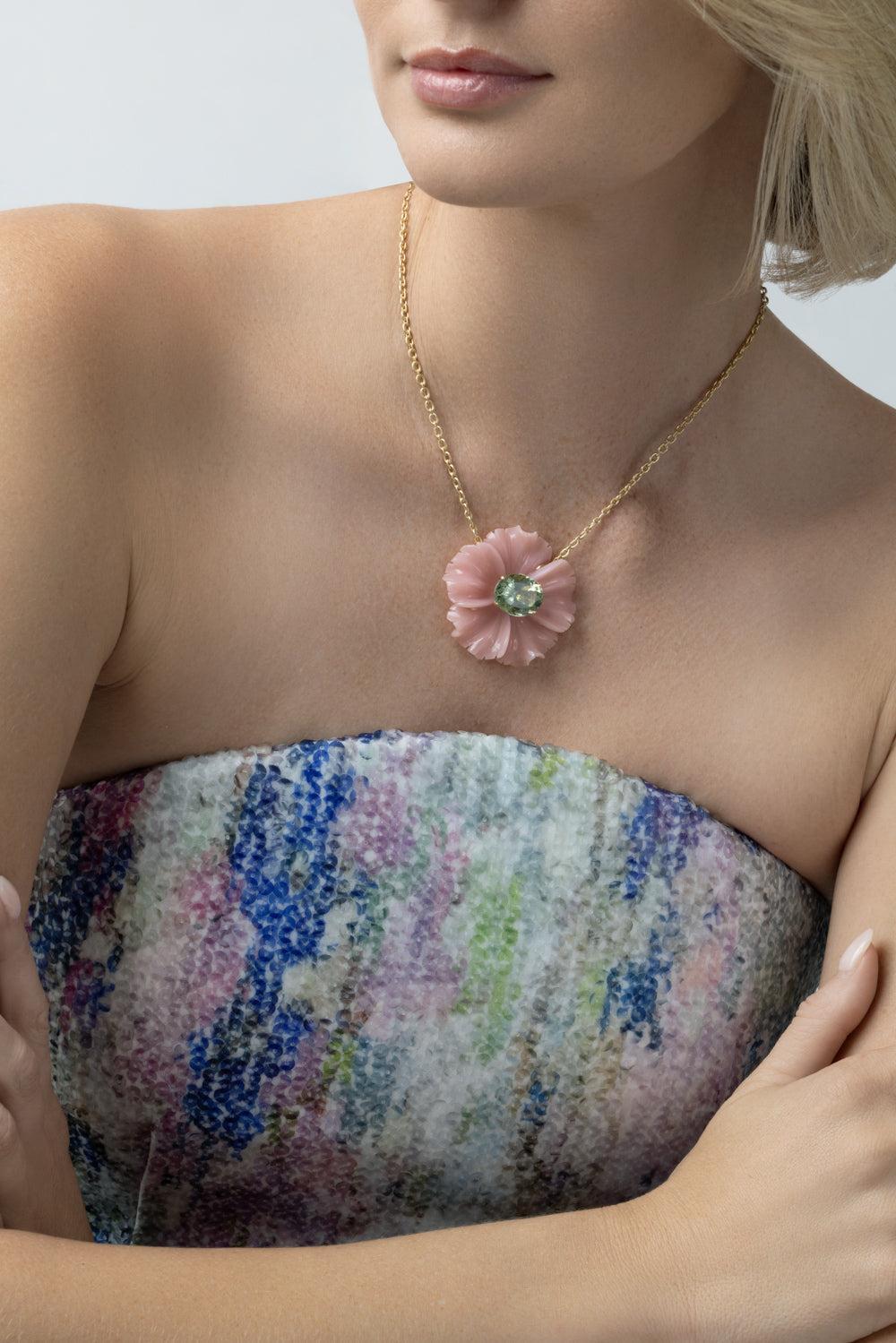 Pink Opal Green Tourmaline Tropical Flower Necklace-YELLOW GOLD-16-JEWELRYFINE JEWELNECKLACE O-IRENE NEUWIRTH JEWELRY