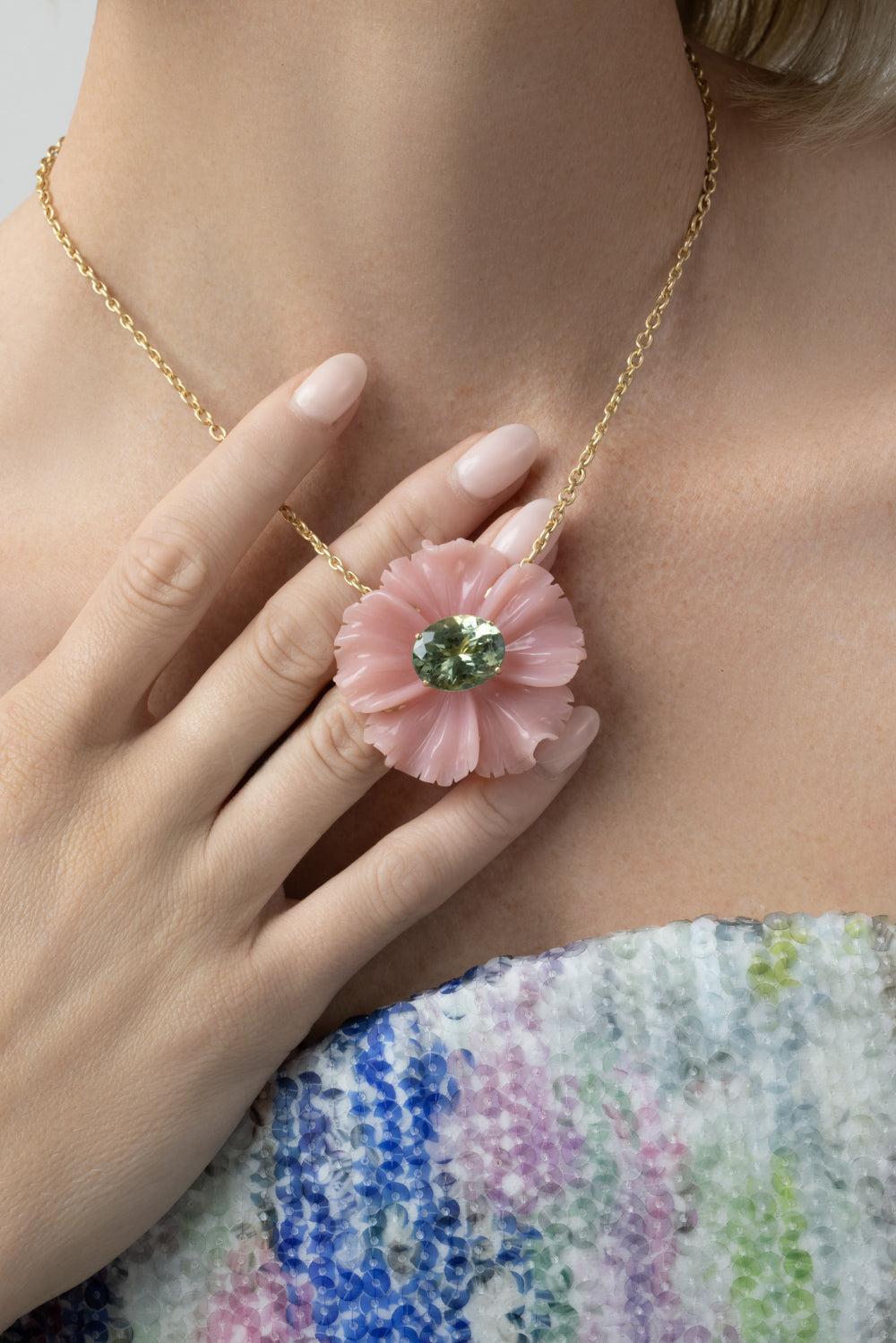Pink Opal Green Tourmaline Tropical Flower Necklace-YELLOW GOLD-16-JEWELRYFINE JEWELNECKLACE O-IRENE NEUWIRTH JEWELRY