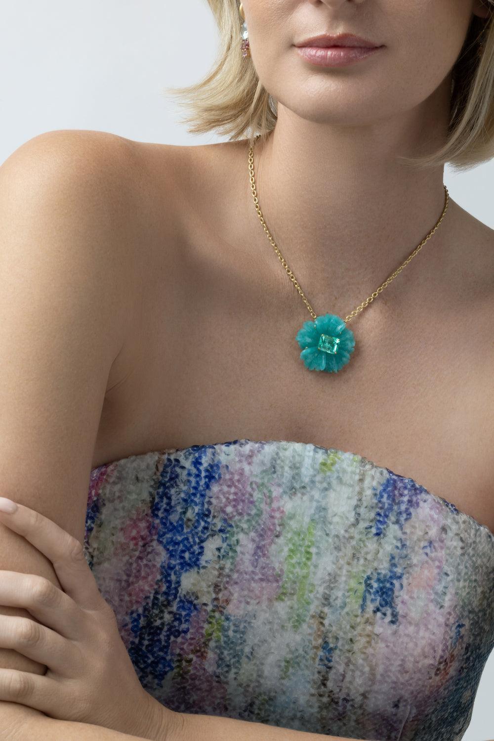  Amazonite Emerald Tropical Flower Necklace-YELLOW GOLD-16-JEWELRYFINE JEWELNECKLACE O-IRENE NEUWIRTH JEWELRY 