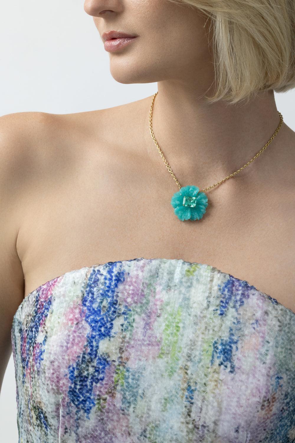 Amazonite Emerald Tropical Flower Necklace-YELLOW GOLD-16-JEWELRYFINE JEWELNECKLACE O-IRENE NEUWIRTH JEWELRY