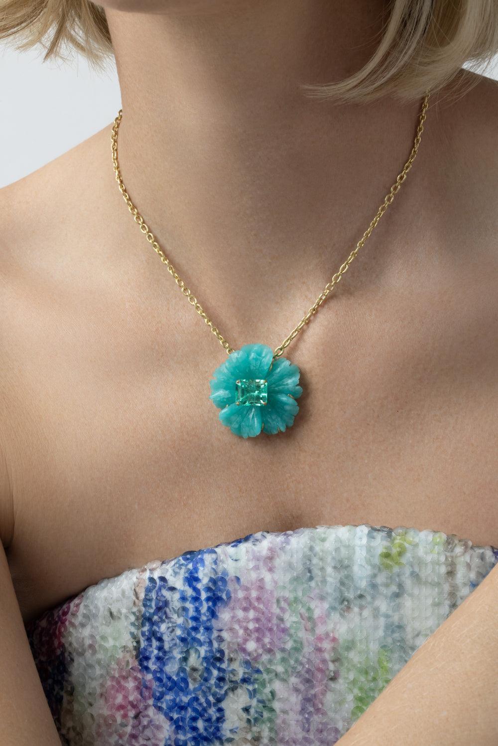  Amazonite Emerald Tropical Flower Necklace-YELLOW GOLD-16-JEWELRYFINE JEWELNECKLACE O-IRENE NEUWIRTH JEWELRY 