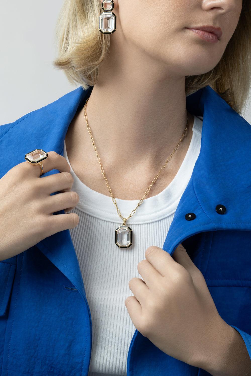  Rock Crystal Onyx Melange Cut Pendant Necklace-YELLOW GOLD-18-JEWELRYFINE JEWELBRACELET O-GOSHWARA 