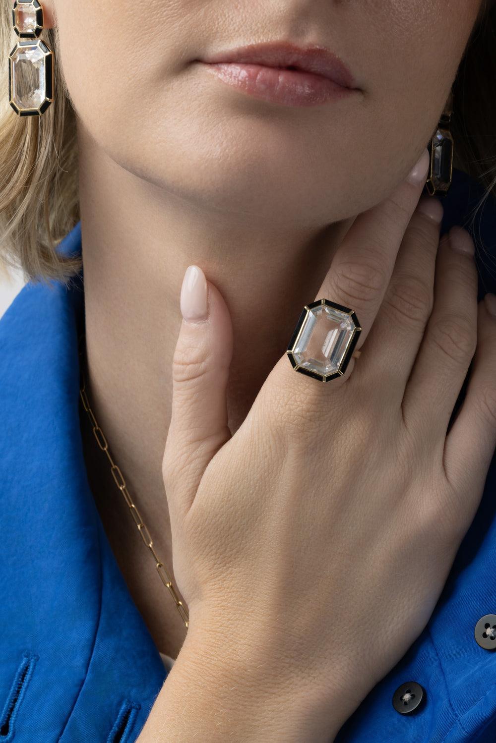 Rock Crystal Onyx Melange Ring-YELLOW GOLD-6.5-JEWELRYFINE JEWELRING-GOSHWARA