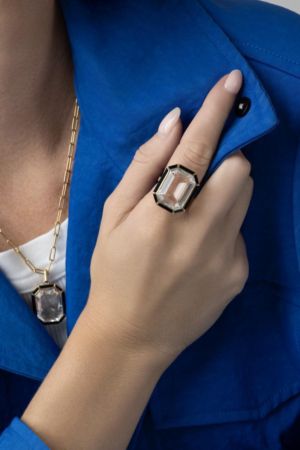 Rock Crystal Onyx Melange Ring-YELLOW GOLD-6.5-JEWELRYFINE JEWELRING-GOSHWARA