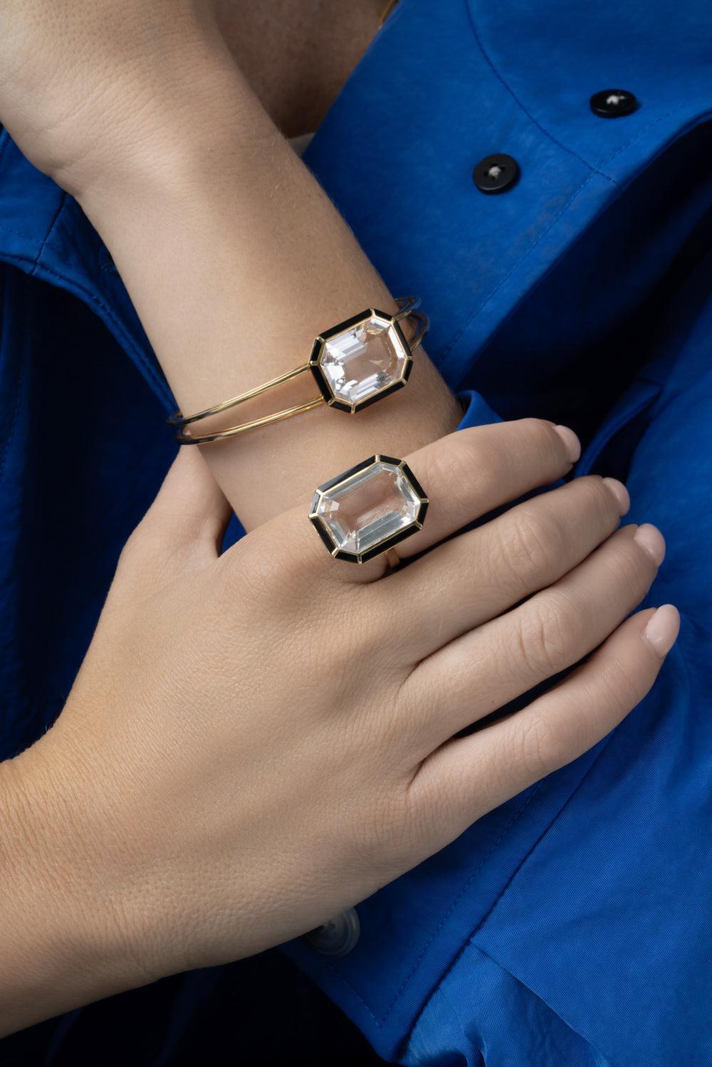 Rock Crystal Onyx Melange Ring-YELLOW GOLD-6.5-JEWELRYFINE JEWELRING-GOSHWARA