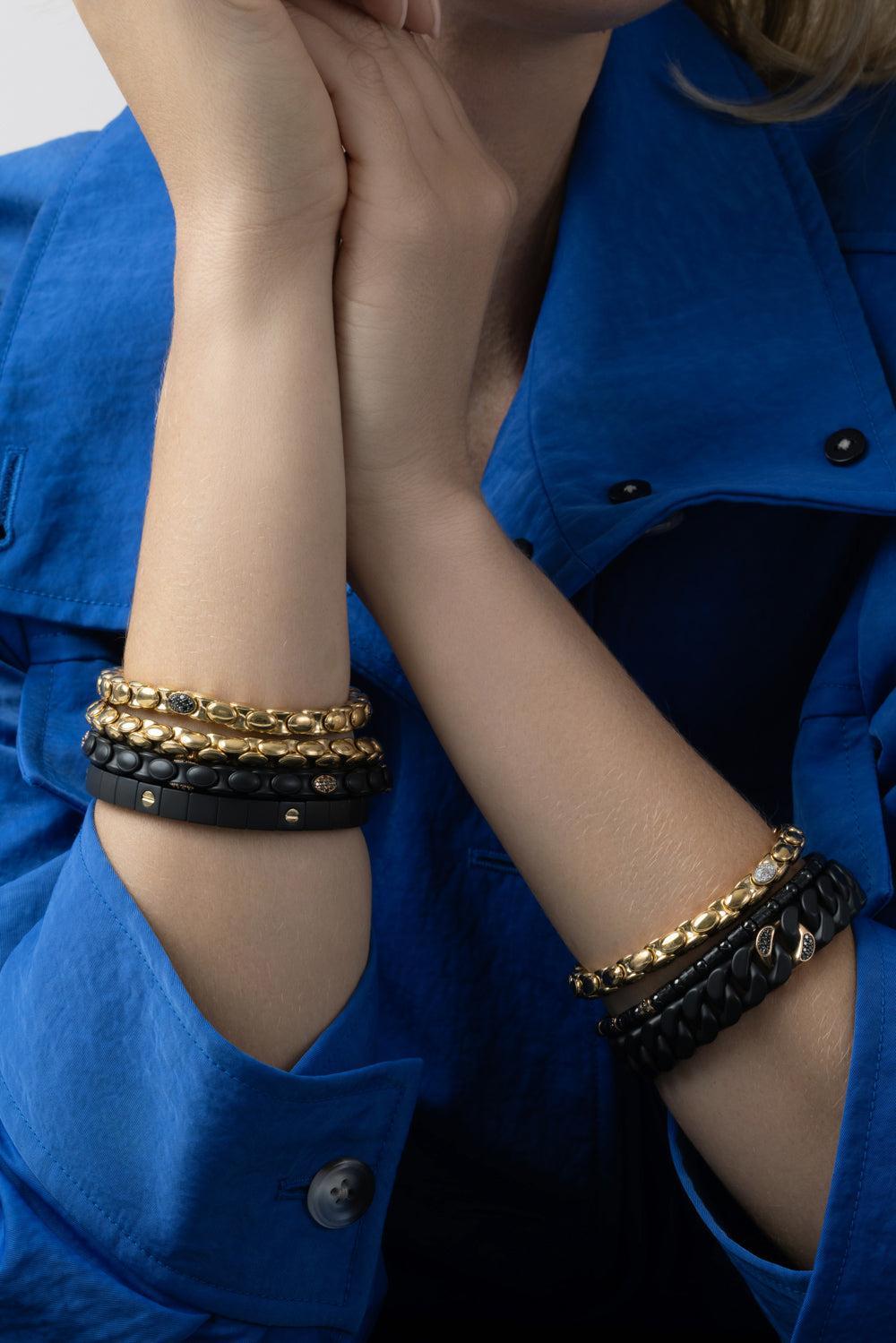One Diamond Station Plated Anaconda Stretch Bracelet-YELLOW GOLD-JEWELRYFINE JEWELBRACELET O-ROBERTO DEMEGLIO