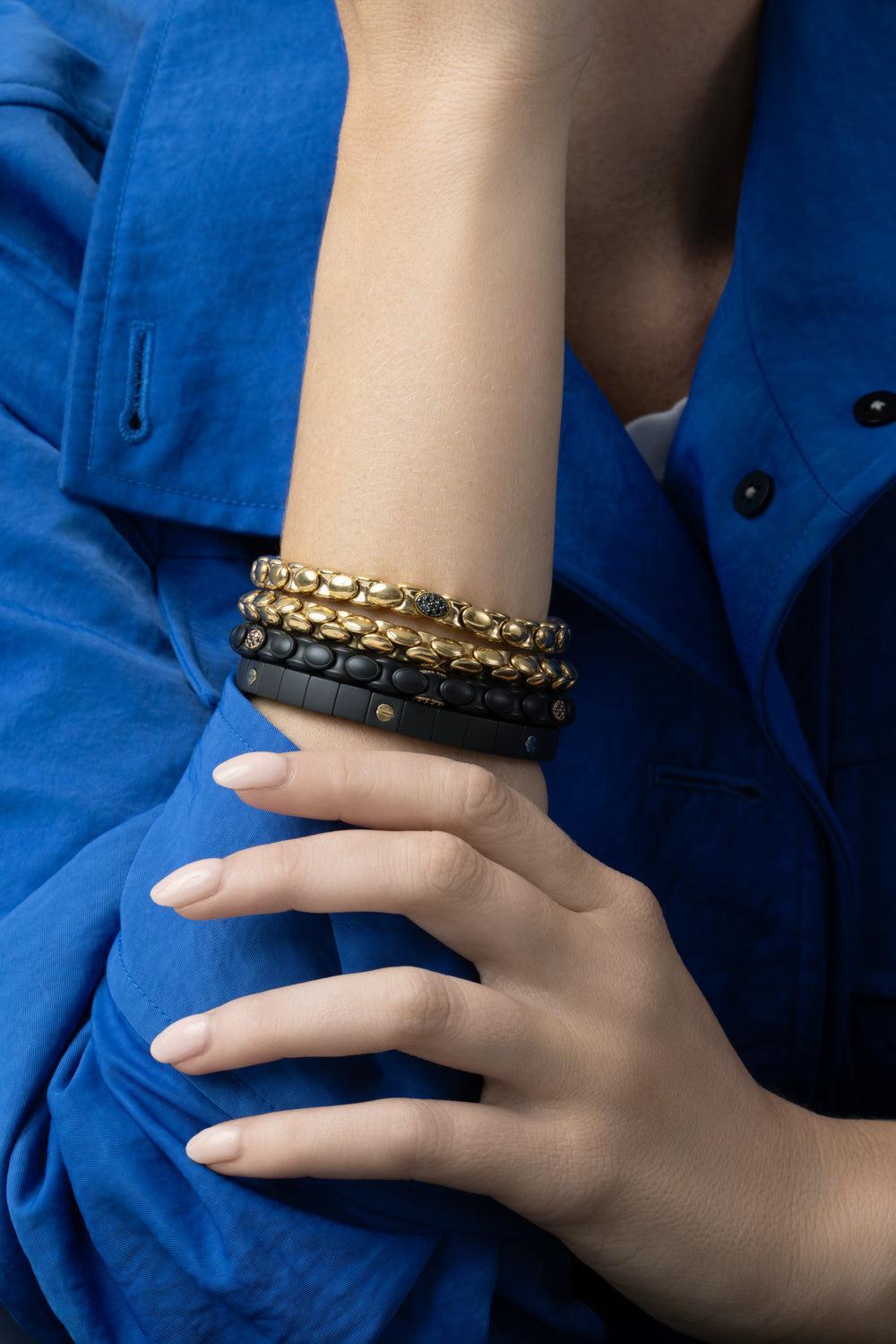  One Diamond Station Plated Anaconda Stretch Bracelet-YELLOW GOLD-JEWELRYFINE JEWELBRACELET O-ROBERTO DEMEGLIO 