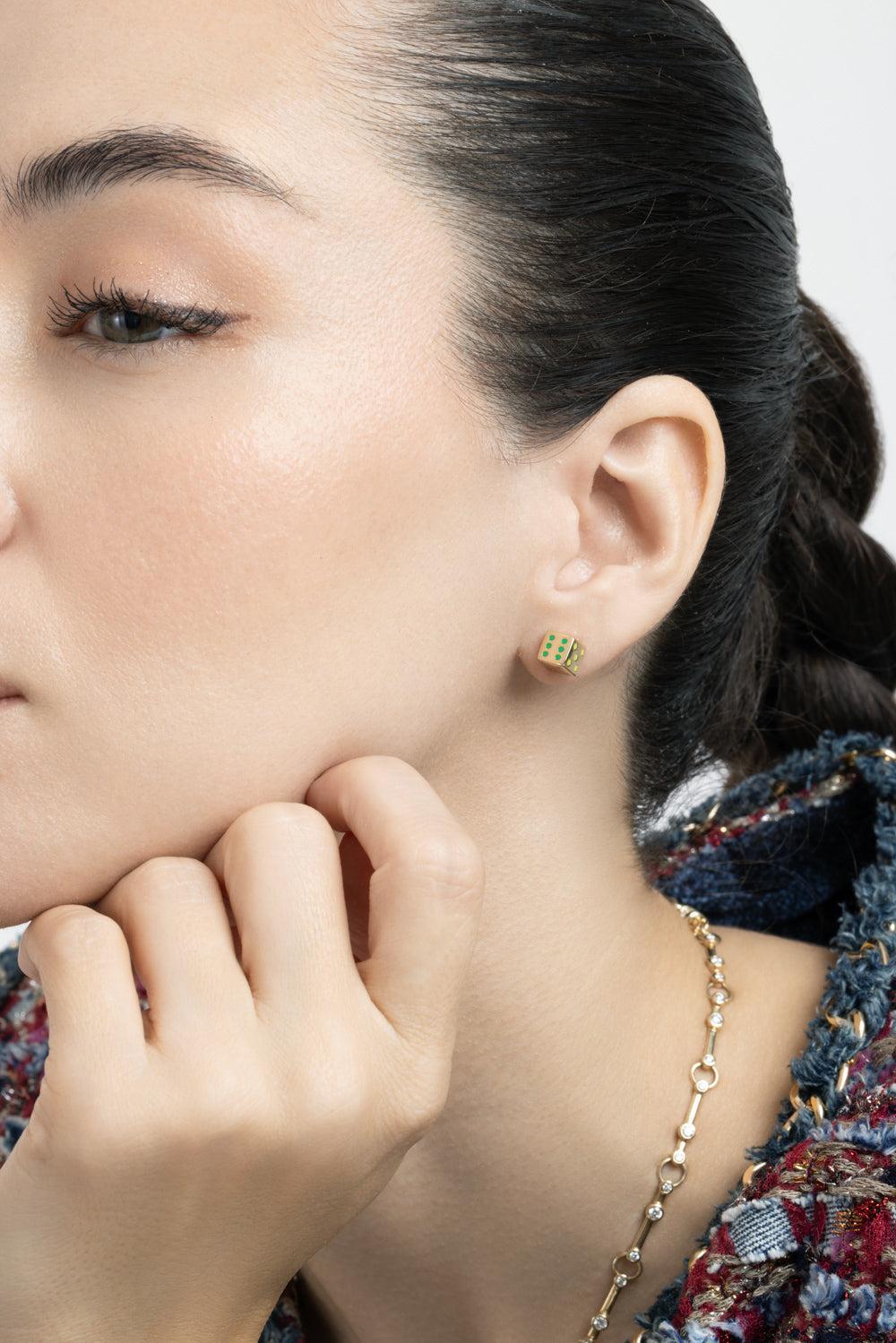 Diamond Green Petite Chance Dice Earrings-YELLOW GOLD-JEWELRYFINE JEWELEARRING-MINED + FOUND