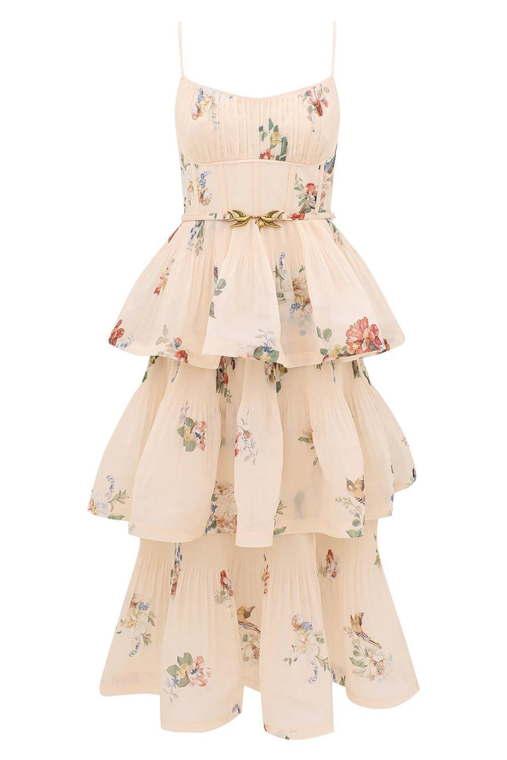 ZIMMERMANN Pleated Tiered Midi Dress | Cream Bird Print